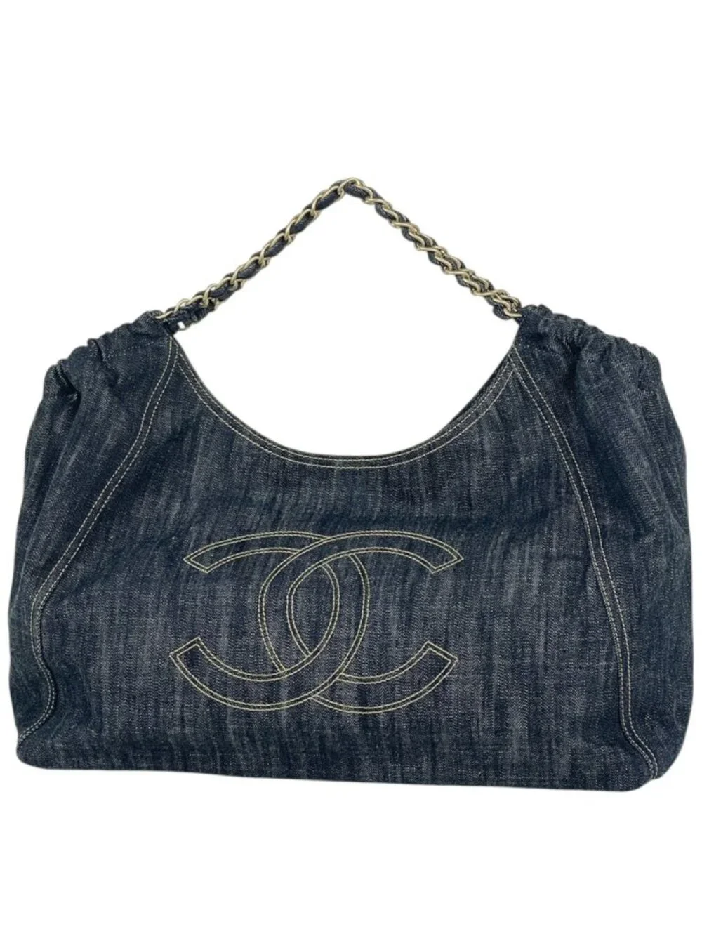 Chanel Tote Bag Coco Cabas CC Logo Denim Navy